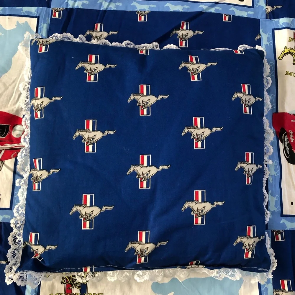 Mustang 1965 Homemade Coverlet Matching Pillow Blue Horse Car Logo